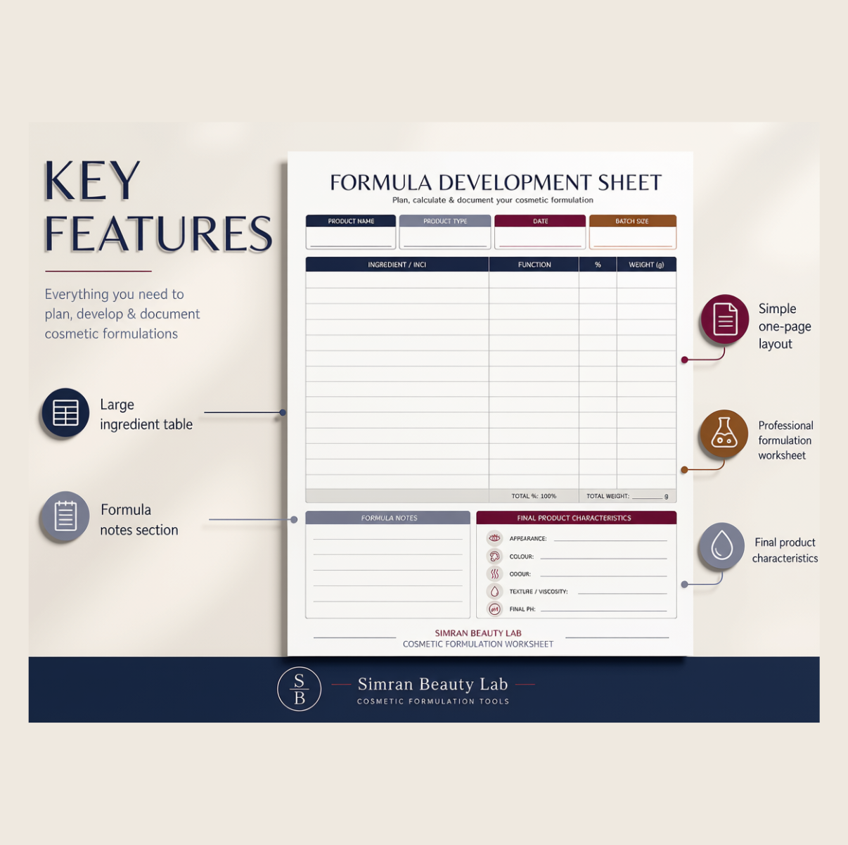 Cosmetic Formula Development Sheet + Cover | A4 Digital PDF | Printable Formulation Record Book