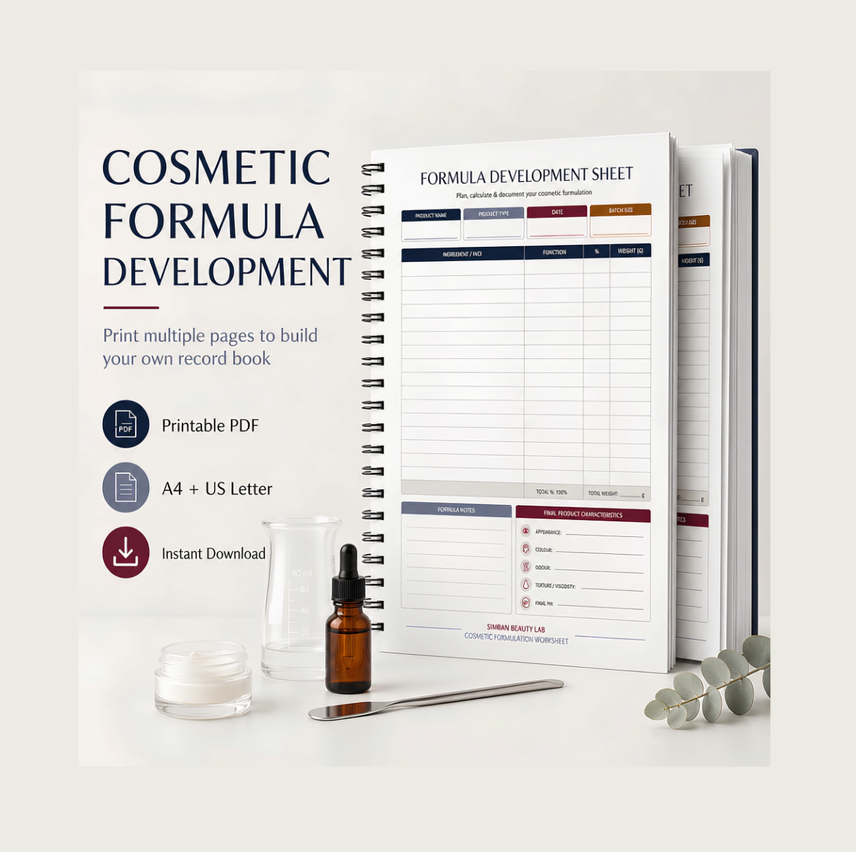 Cosmetic Formula Development Sheet + Cover | A4 Digital PDF | Printable Formulation Record Book