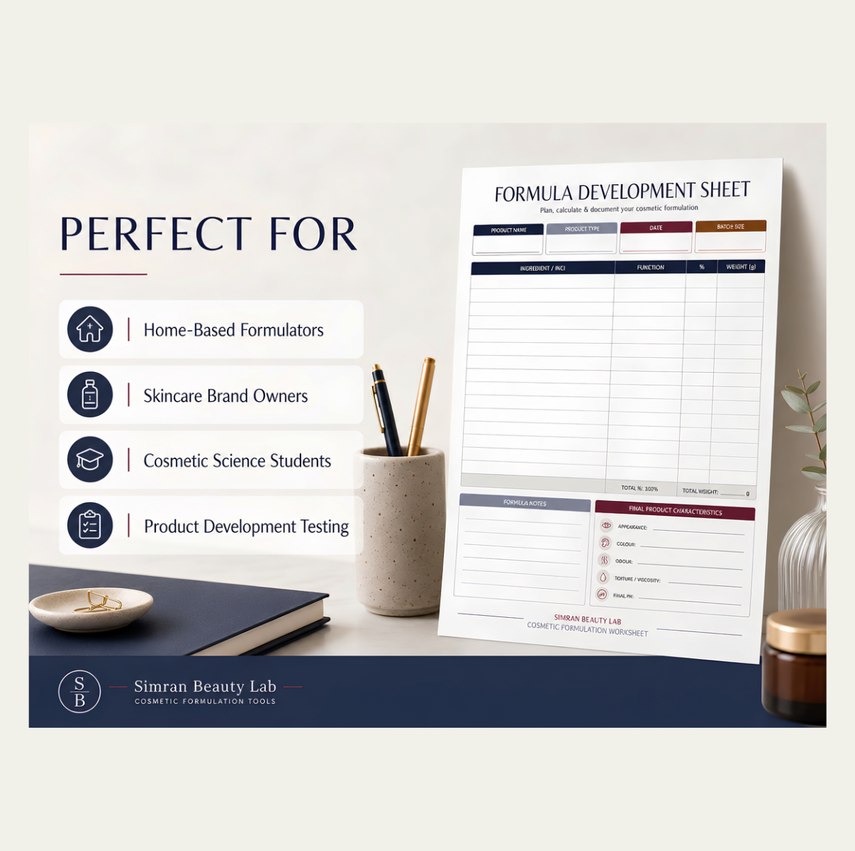 Cosmetic Formula Development Sheet + Cover | A4 Digital PDF | Printable Formulation Record Book