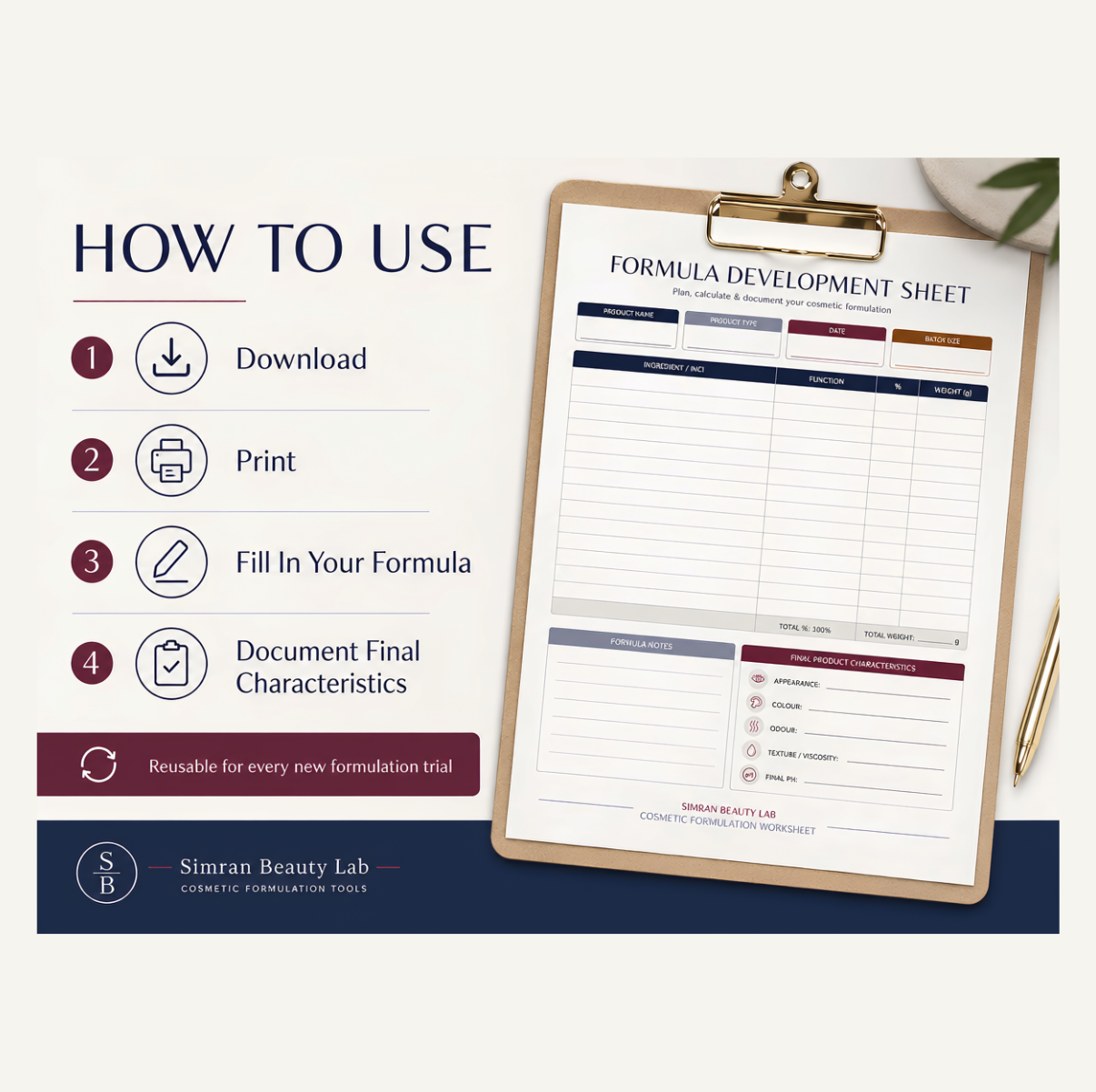 Cosmetic Formula Development Sheet + Cover | A4 Digital PDF | Printable Formulation Record Book