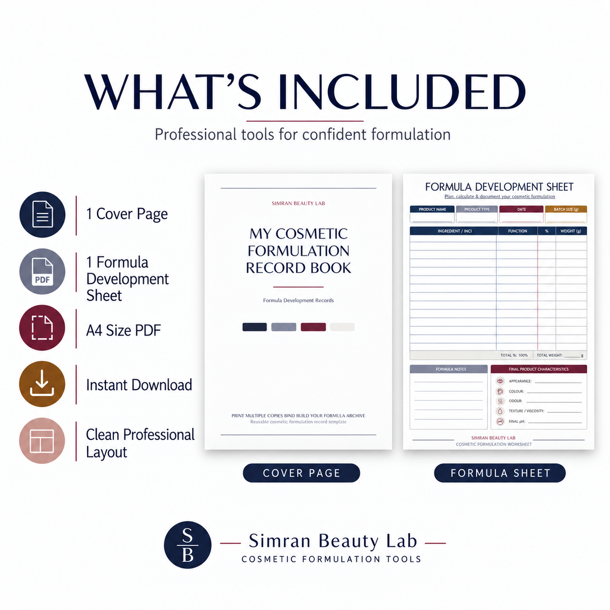 Cosmetic Formula Development Sheet + Cover | A4 Digital PDF | Printable Formulation Record Book
